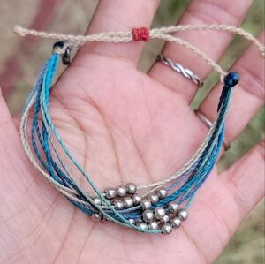 Pura Vida blue, teal, cream silver balls bracelet adjustable waterproof